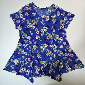 Soprano 2X Blue Floral Handkerchief Hem Dress Plus Size Short Sleeve Summer